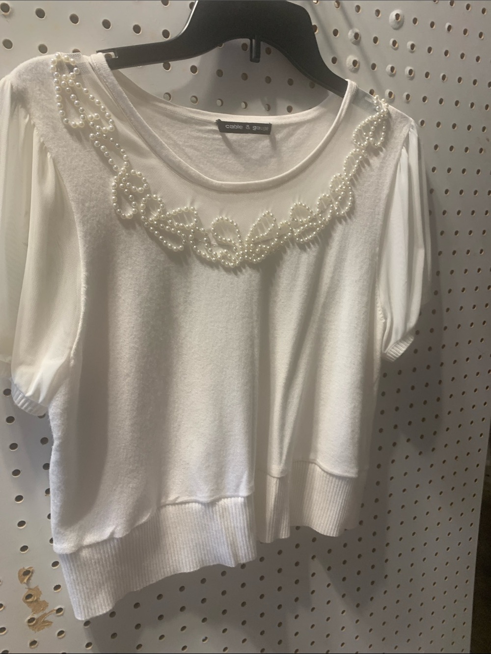 Cable & Gauge White Pearl and lace -Trim Short Sleeve cotton/knit